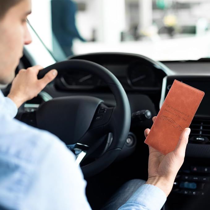Car Registration and Insurance Card Holder - Vehicle Glove Box Document Organizer - Premium PU Leather Wallet Case - Driver License - Coffee