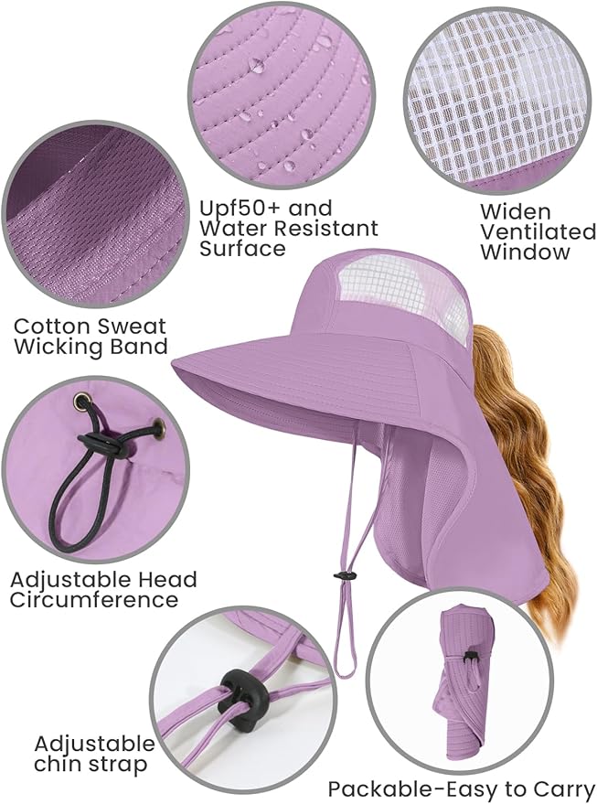 Sun Hats for Women UV Protection with Neck Flap Wide Brim Beach Hats with Ponytail Hole for Hiking Fishing Gardening Travel