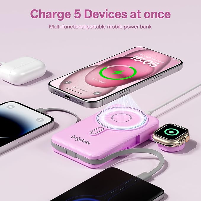 Magnetic Portable Charger Built-in Cables,10000mAh Fast Charging Wireless Charger Station External Battery Pack Slim Pocket Size Power Bank with Stand Compatible with iWatch, iPhone and Android Phones