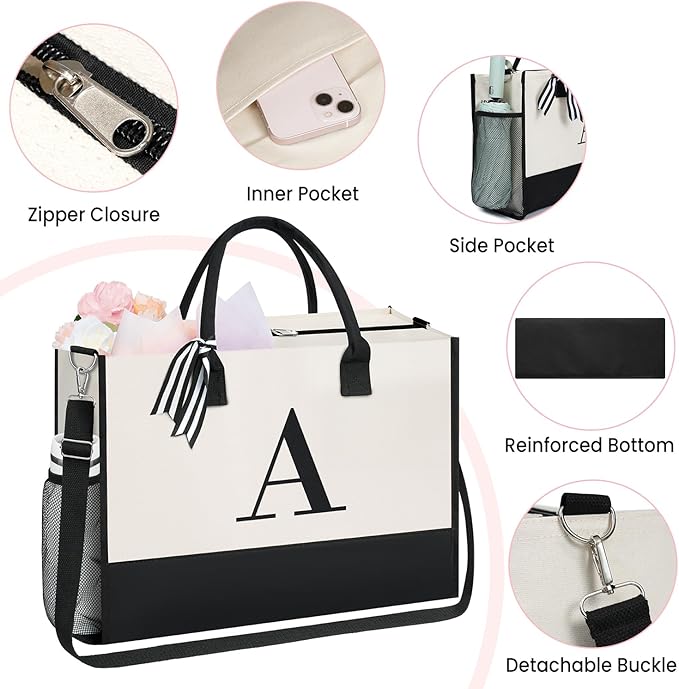 BAGAIL Initial Tote Bag, Personalized Birthday Gifts for Women, Teacher, Friends, Mom, Wedding, Monogrammed Beach Bag