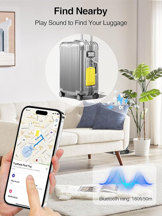 TopMade Smart Luggage Tag with Apple Find My, Premium Leather Luggage Tags for Suitcase, Travel Bags, Backpacks, Anti-Lost Suitcase Tag Tracker for Travel with Privacy Name Card, Rechargeable