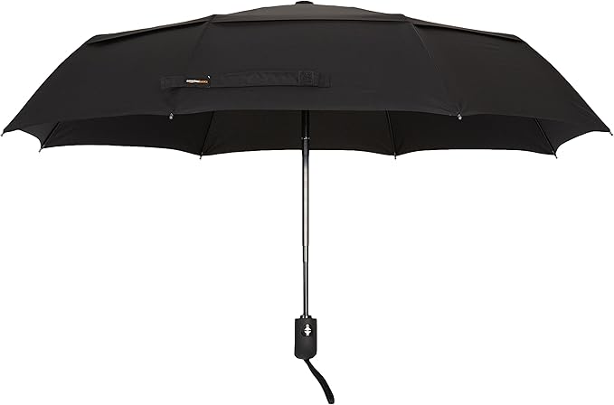 Amazon Basics Round Travel Umbrella for Rain, Wind-proof Compact Umbrella with Wind Vent, Auto Open/Close, Strong Alloy Steel Frame, Compact Size for Backpacks/Handbags (11" Long When Closed), One Size, Black