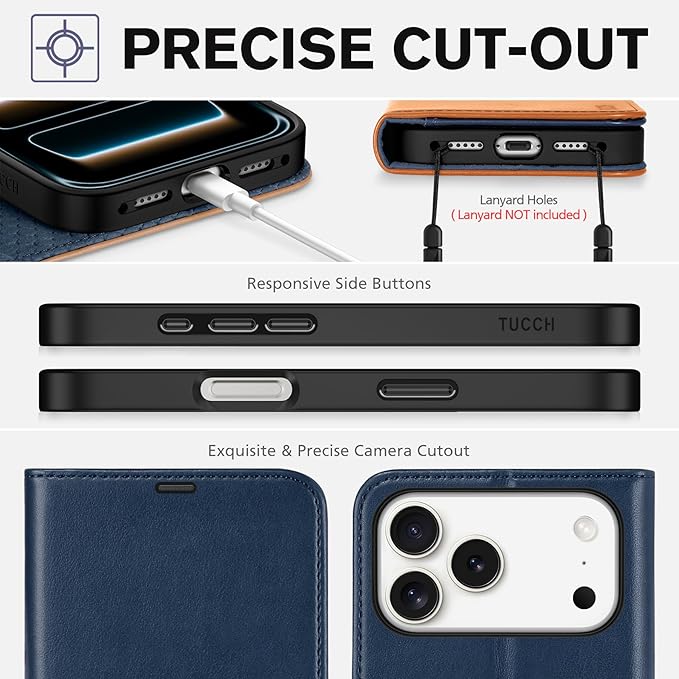 TUCCH Wallet Case for iPhone 17 Pro Max (6.9") 2025, 4 Card Holders, RFID Blocking, Stand, Shockproof TPU Shell, PU Leather, Magnetic Closure, Protective Flip Folio Cover, Blue & Brown