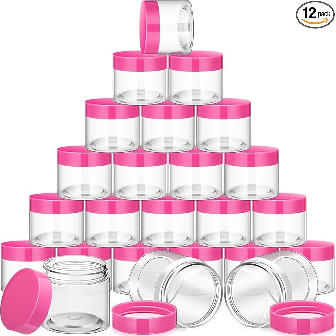 SATINIOR 12 Pack 16 oz Plastic Container Jars with Lids Round Clear Travel Cosmetic Container Slime Jars for Toiletries, Lotion, Cream, Ointments, Makeup, Rhinestone, Samples, Kitchen Storage(Pink)