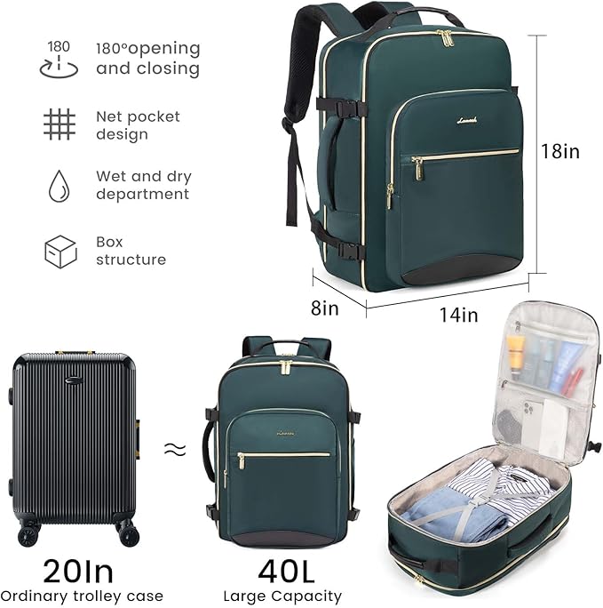 LOVEVOOK 40L Large Travel Backpack for Women Men, 17 Inch Carry on Backpack for Traveling on Airplane, Personal Item Travel Bag Airline Approved, Business Causal Weekender Backpack, Green-Black