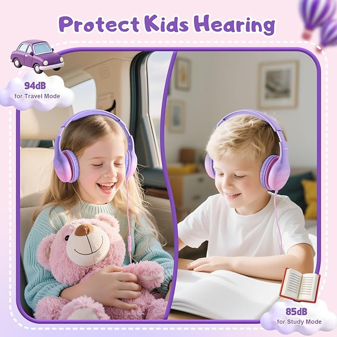 Kids Headphones, Wired Headphones for Kids with Microphone 85/94dB Volume Limit, Stereo Sound Portable Over Ear Headphones for School/Travel/Tablet/iPad, Violet Pink