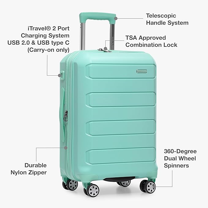 Traveler's Choice Pagosa Indestructible Hardshell Expandable Spinner Luggage, Mint, 3-Piece Set (22/26/30)