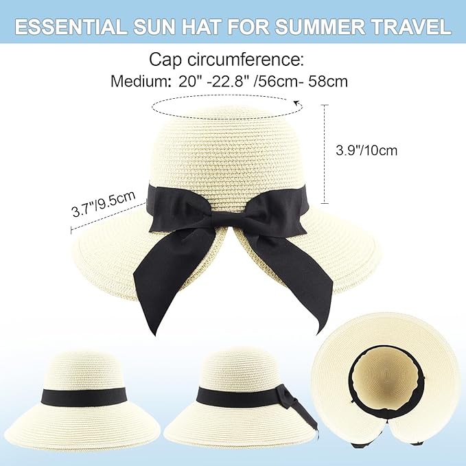 DRESHOW Sun Hats for Women Travel Fedora Foldable Beach Sun Hat Summer Wide Brim Straw Bucket Hat with Bowknot UPF 50+