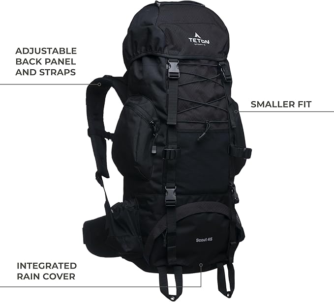 Teton 45L Scout Internal Frame Backpack for Hiking, Camping, Backpacking, Travel, Rain Cover Included, Evergreen