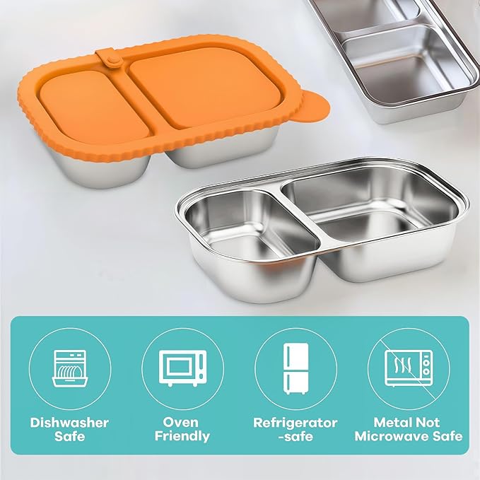 BSTUR 3 Pack Stainless Steel Snack Containers with Silicone Lids, 2 Compartment Food Storage for Office, Work, Travel, Meal Prep, Hiking, Picnic