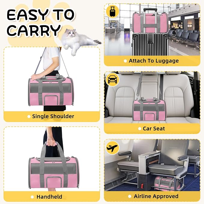 Soft - Sided Pet Carrier for Cats and Small Dogs, Airline - Approved, Pink Travel Tote with Mesh Windows, Foldable Bowl, Shoulder Strap, Oeko - TEX Certified