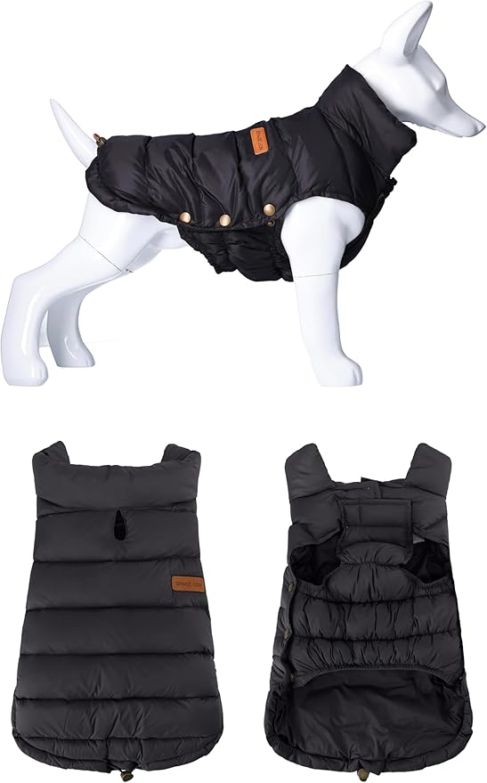 SPACE LION Dog Puffer Jacket, Down Winter Coat, Durable Outdoor Coat for Cold and Windy Conditions, Lightweight & Adjustable Fit Coats for Large Dogs, (Onyx Black,Size28/4XL)