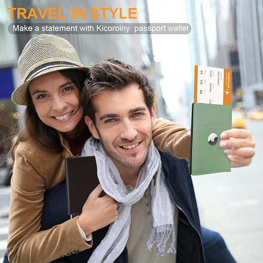 Full Grain Leather AirTag Passport Holder Wallet Cover for Men and Women Travel, Passport Holder with AirTag Slot Passport Wallet, Travel Essentials Genuine Leather Passport Cover Gifts (Green)