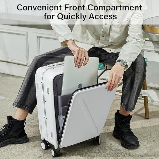 MILADA Wide Handle Carry On Luggage with Front Pocket Hardshell 20 Inch Front Opening Luggage with Spinner Wheels TSA Lock Aluminium Suitcase Airline Approved Carry-On Travel Luggage, White