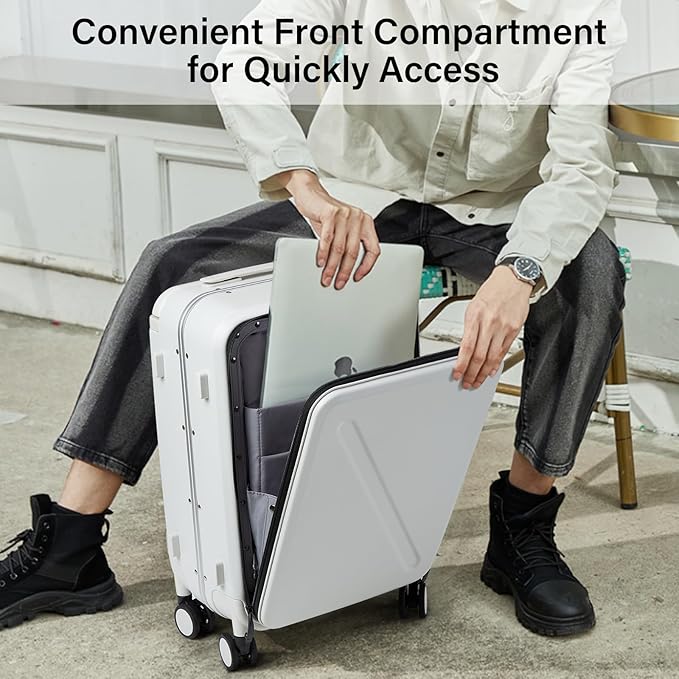 MILADA Wide Handle Luggage with Front Pocket Hardshell Aluminium Check In Suitcase with Wheels Medium 24 Inch Front Opening Checked Luggage with Spinner Wheels TSA Lock Airline Approved Luggage, White
