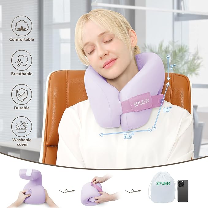 2in1 Ergonomic Memory Foam Travel Neck Pillow – Travel Pillow for All Sleep Positions on Flights, Road Trips, and Long Distance Travel with Drawstring Bag (Adjustable - Lavender)