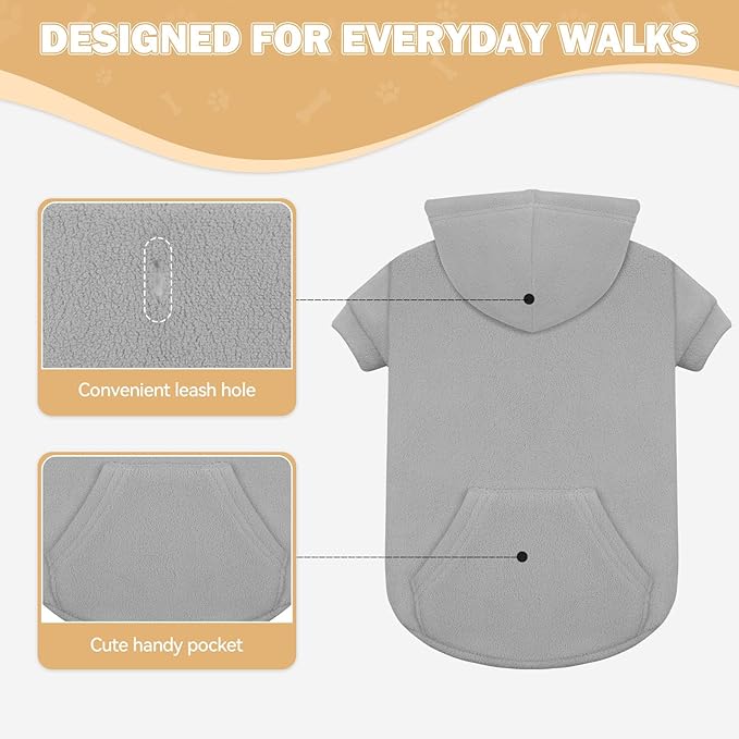 Extra Small Dog Sweater,Dog Hoodie,Warm Fleece Sweatshirt with Hood & Pocket,Leash Hole,Cozy Cold Weather Cat Pet Clothes Puppy Sweater for Small Dogs(Grey,XS)