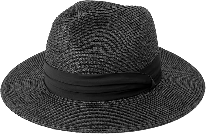 DRESHOW Women Straw Panama Hat Travel Fedora Beach Sun Hat Summer Wide Brim Straw Roll up Hat UPF 50+