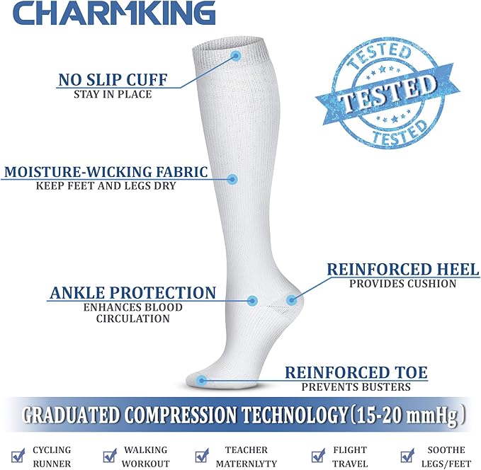 CHARMKING Compression Socks for Women & Men Circulation (8 Pairs) 15-20 mmHg is Best Support for Athletic Running,Cycling