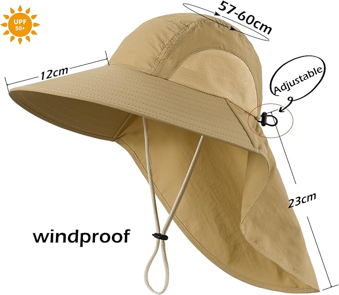 LLmoway Wide Brim Sun Hat with Neck Flap for Men Women Summer Outdoor UV Protection Breathable Fishing Hats with Strap