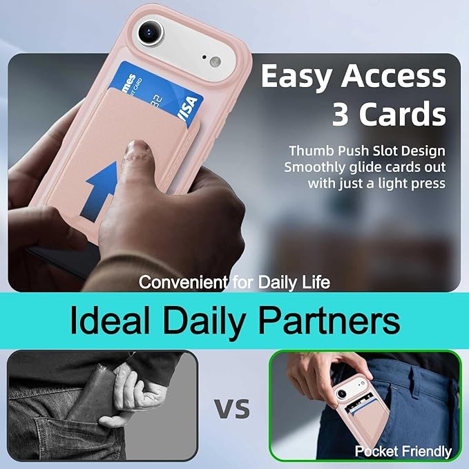 Ntwinro Magnetic for iPhone Air Case (Compatible with MagSafe) with Detachable Wallet & Card Holder for 3 Cards [RFID Blocking] Military Grade Protective Slim Phone Cover for 17 Air 2025, Pink
