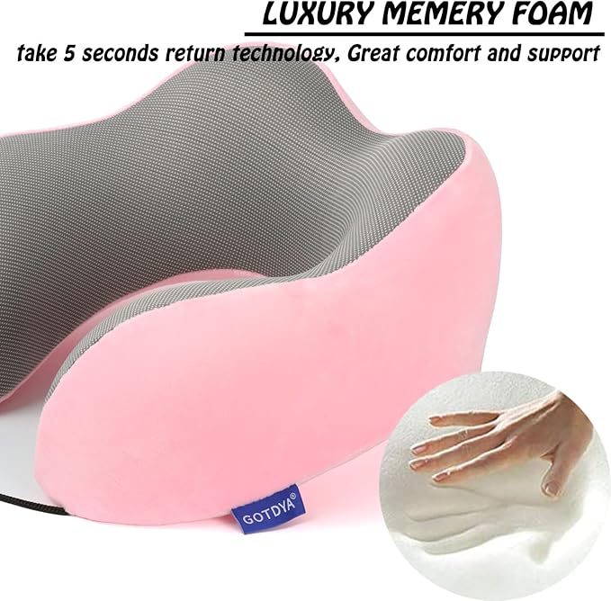 Travel Pillow,Travel Neck Pillows for Sleeping,100% Pure Memory Foam Soft Comfort & Support Pillow for Airplane/Car/Office&Home Rest Use-Pink