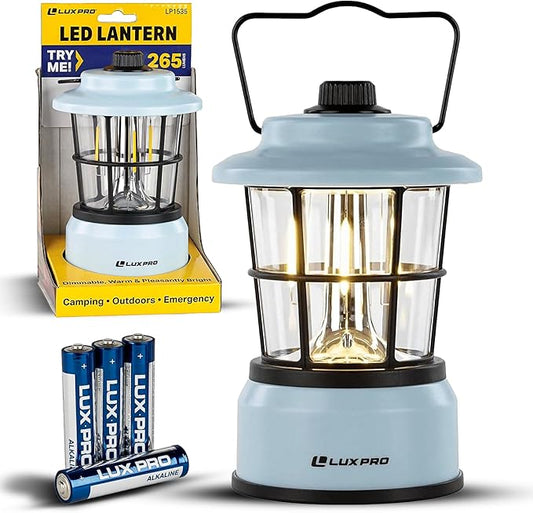 LUXPRO Retro LED Lantern - Battery-Powered Emergency Lantern - Water Resistant - Bright LED Lamp for Indoor & Outdoor Use - Use for Tents, Hiking or Hurricane Prep (Blue, Pack of 1)