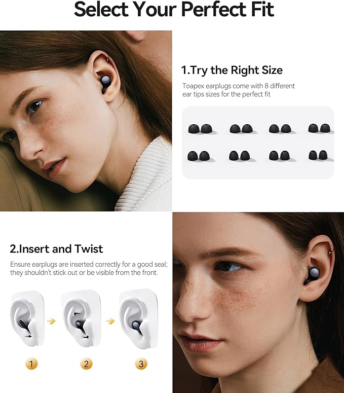 Ear Plugs for Sleeping 45dB Noise Cancelling Ear Plugs for Noise Reduction & Snoring, Concerts, Earplugs for Sleep, Sider Sleepers Airplane, Silicone Earplugs Reusable Concert Ear Plug +8Tip Obsidian