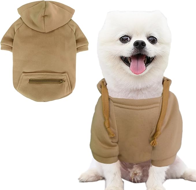 Jecikelon Pet Dog Cold Weather Coat with Pocket Winter Dog Hoodie Warm Puppy Clothes for Small Dogs Chihuahua Clothing (Khaki, X-Large)
