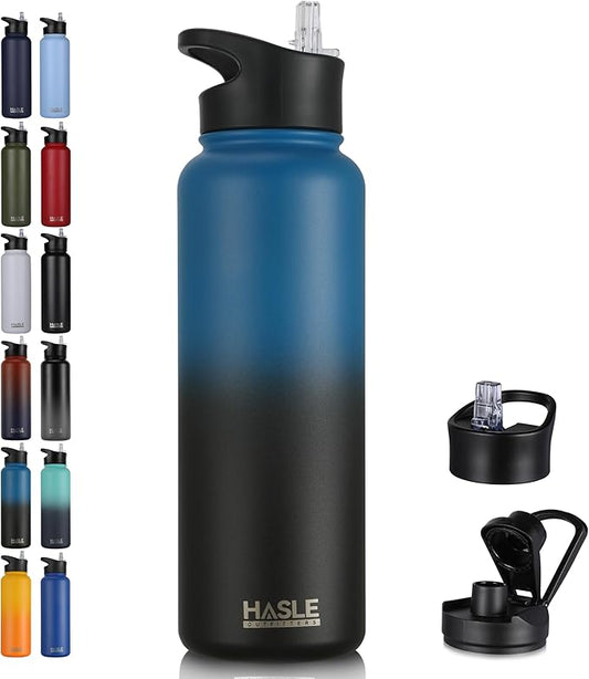 HASLE OUTFITTERS 40oz Stainless Steel Water Bottle, Vacuum Insulated Double Walled Leak Proof Sports Water Bottle with 2 Lids (Straw and Spout Lid) Keep Cold and Hot(Blue Black Gradient,1)