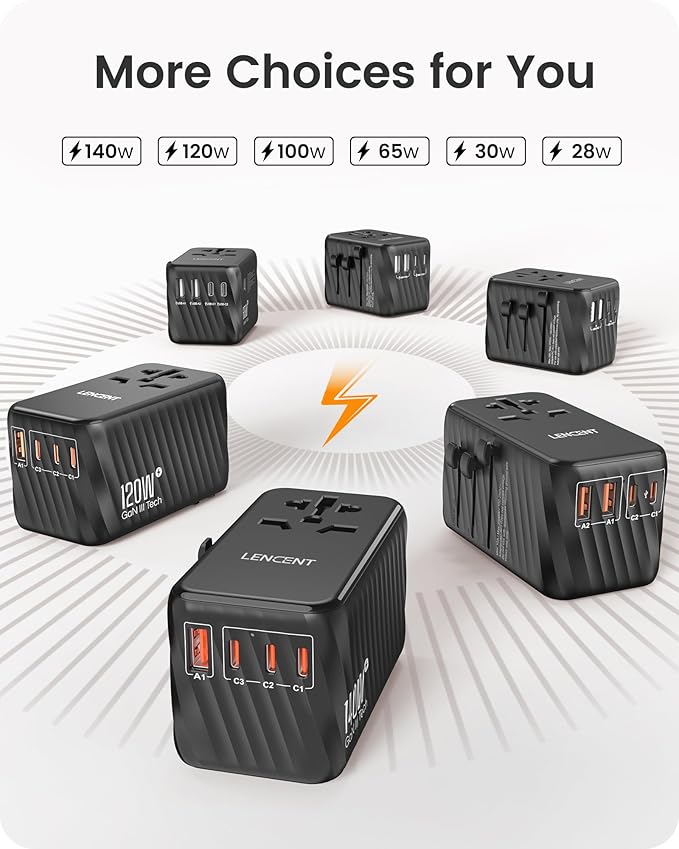LENCENT Universal Travel Adapter, 65W GaN International Fast Charger with 2 PD3.0 Type C+2 QC USB A, Worldwide Power Adaptor for Phones,Laptops, All in One Travel Essentials for EU/USA/UK/AU, Black