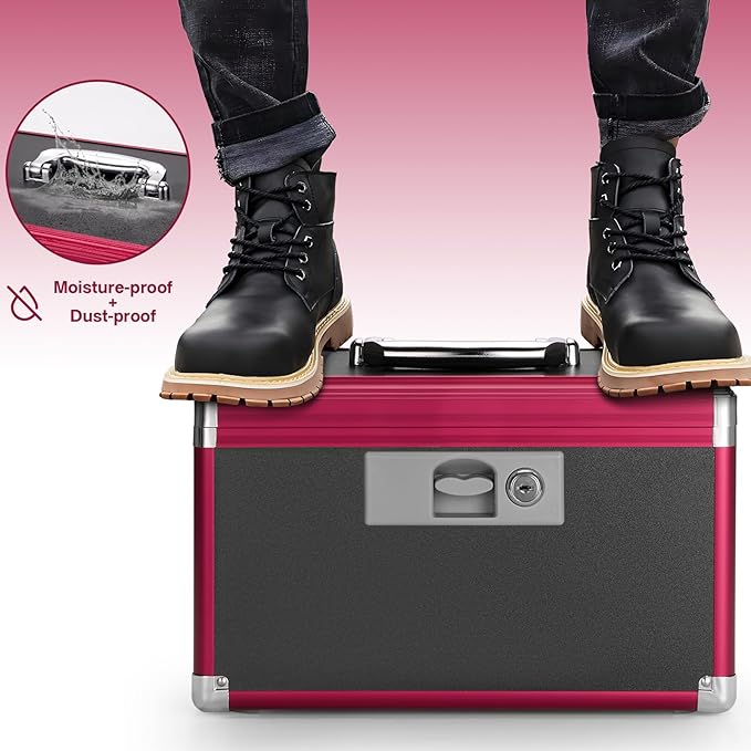 Medicine Lock Box for Safe Medication - 13.4 x 7.6 x 8.2 Inches - Lockable Storage Box for Drugs, First Aid Kit Empty, Lock Boxes with Key for Home/Outdoor (Black & Red/Large)