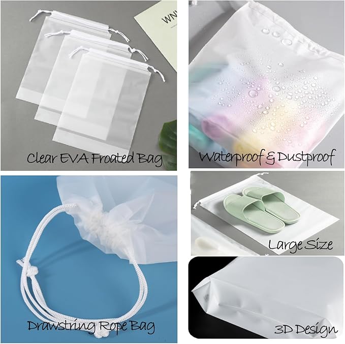 Frosted Clear Plastic Travel Shoe Bag for Men Woman Travel Organizer, 15Pcs Washable Translucent Drawstring Pouch with Rope for Golf GYM Sneaker Clothes Suitcase Home Packing Storage