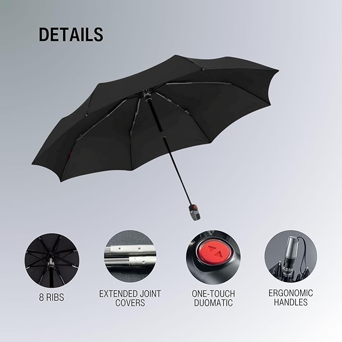 Knirps T.200 Duomatic Compact Rain Umbrella in Black– Wind Tunnel Tested to 93 mph, Aluminum Steel Fiberglass Frame, 38in Canopy, OEKO-TEX, High-Performance Automatic Travel Umbrellas