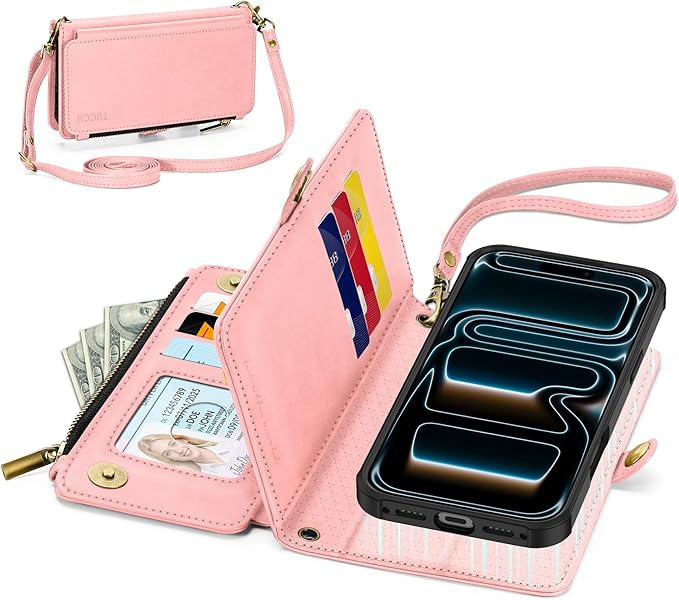 TUCCH Detachable Crossbody Wallet Case for iPhone 17 Pro 6.3", 9 Card Slots RFID Blocking | Stand | Lanyard Wrist Strap | Wireless Charging | Zipper Pocket | PU Leather Magnetic Flip Cover | Rose Gold