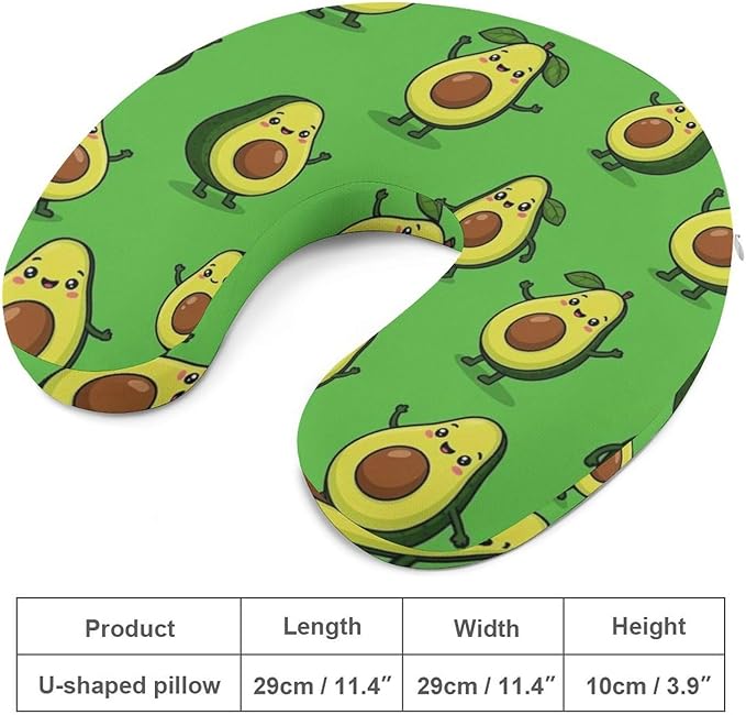 Travel Neck Pillow Memory Foam U Shaped Cushion Cute Cartoon Avocado, Washable Cover for Airplane Car Office Home Sleeping Pain Relief