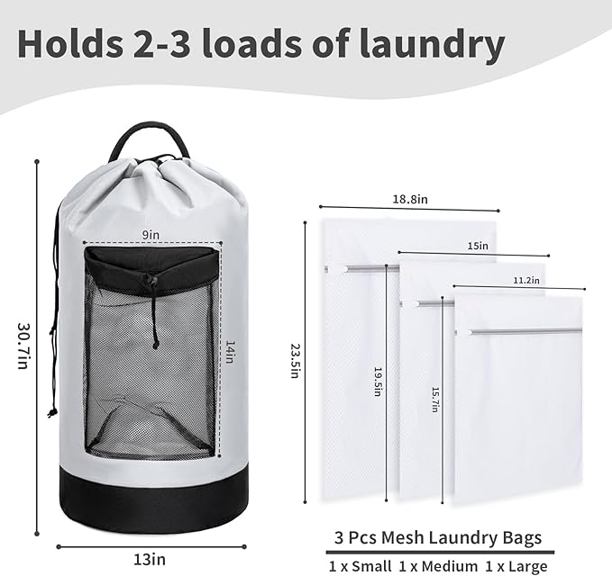 Laundry Bag Backpack with 3 Sizes Mesh Wash Bags and Shoulder Straps Foldable Clothes Hamper Bag with Drawstring Closure for College, Apartment, Laundromat (White)