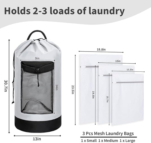 Laundry Bag Backpack with 3 Sizes Mesh Wash Bags and Shoulder Straps Foldable Clothes Hamper Bag with Drawstring Closure for College, Apartment, Laundromat (White)