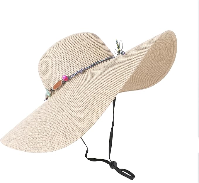 Lanzom Womens Wide Brim Straw Hat Big Floppy Foldable Roll up Cap Beach Sun Hat UPF 50+