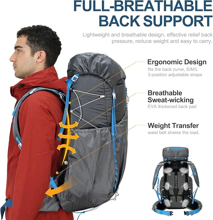 IX INOXTO 55L Internal Frame Waterproof Hiking Camping Backpack with 3L Water Bladder and Rain Cover, Large Lightweight Travel Daypack Rucksack for Climbing (Dark Gray)