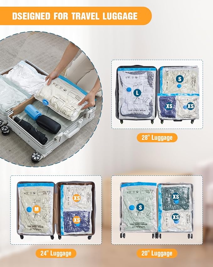 Vacuum Storage Bags for Travel, 12 Pack (4M+4S+4XS) Vacuum Seal Bags with Wireless Rechargeable Electric Pump, Travel Essentials Space Saving Bag for Clothes, Luggage, Carry-on Suitcase, Backpack