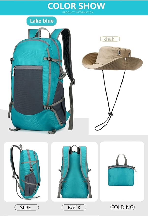 30L Foldable Backpack & Bucket Hat 2 In 1 Combo, Lightweight packable Travel and Fisherman Hat Set, Compact Collapsible Daypack with Sun Hat (Lake Blue)