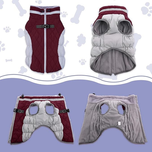 Lelepet Dog Coat Warm Dog Winter Coat Waterproof Dogs Jacket with Harness Built in Reflective Pet Fleece Vest Zip-Up Cold Weather Coats for Dogs Turtleneck & Windproof Coats Chihuahua Wine Red XS