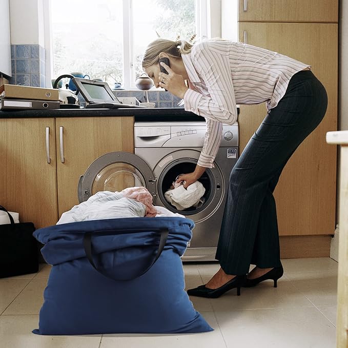 Cotton Canvas Laundry Bag with Handles & Drawstring Straps, Heavy Duty Extra Large Laundry Bags for Laundromat and Household, 25.5x34 Inch, Navy Blue