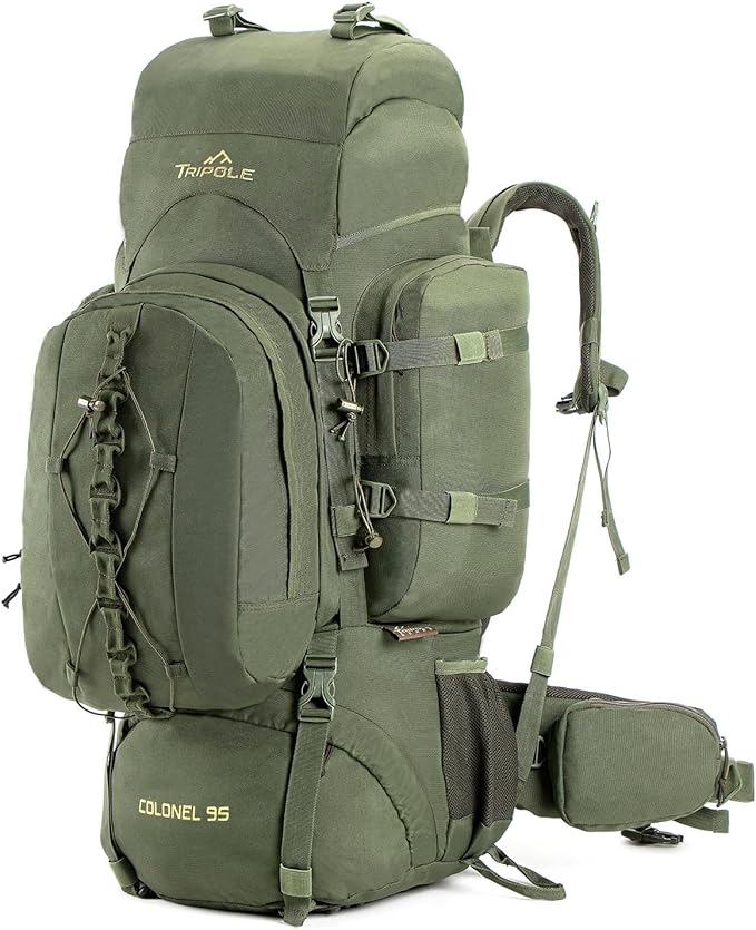 Tripole Colonel 95 Litres Internal Frame Rucksack + Detachable Day Pack, Rain Cover, Army Green