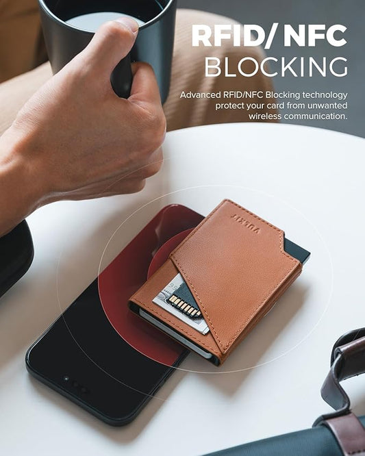 VULKIT Pop up Card Wallet Top-Grain Genuine Leather RFID Blocking Slim Aluminum Metal Bank Card Holder Case with Business Money Pocket for Credit Cards Notes and Coins Brown