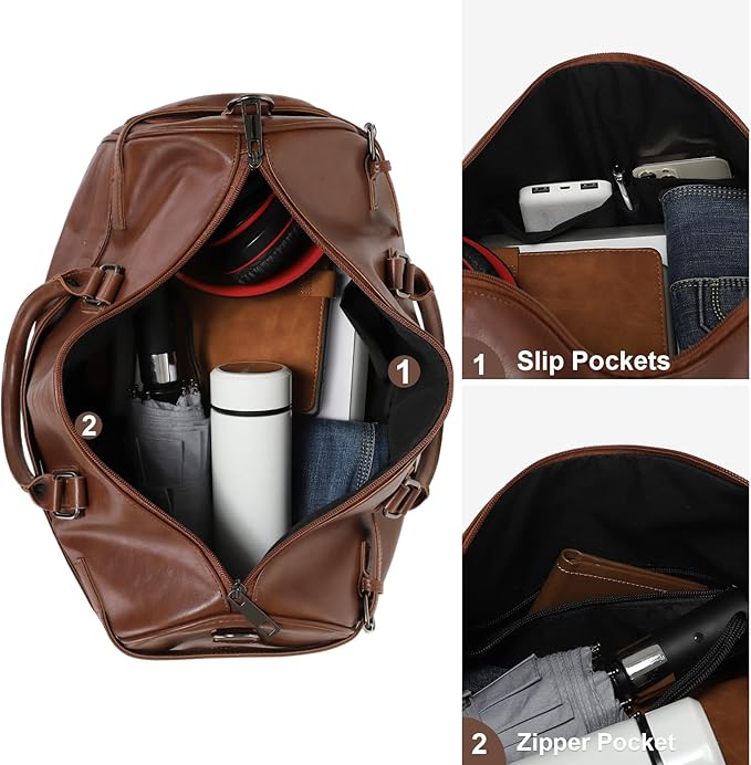 Vegan Leather Duffle Bag, LXY Travel Duffle Weekender Bag with Shoe Compartment, Duffel Overnight Gym Bags for Women Men Brown