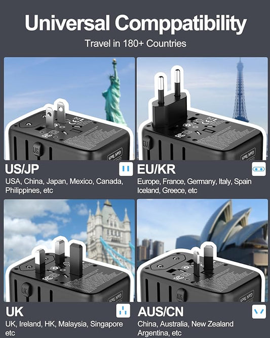 Universal Travel Adapter, 120W GaN International Power Plug Adapter, 5 USB Ports & 2500W AC Outlet, All-in-One Travel Charger for 200+Countries, Fast Charging All USB & Dual Voltage Devices