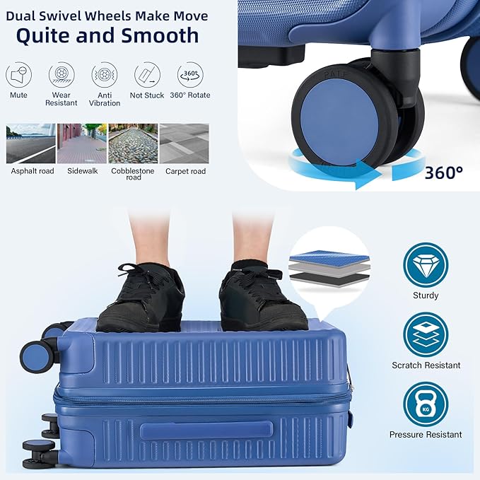 Hard Shell Suitcases Expandable Travel Luggage Sets 3 Piece, Carry on and Check in 3 Piece Luggage Suitcase Sets with Spinner Wheels Cup Holder Charger Built in (Interstellar Blue, 20/24/28)