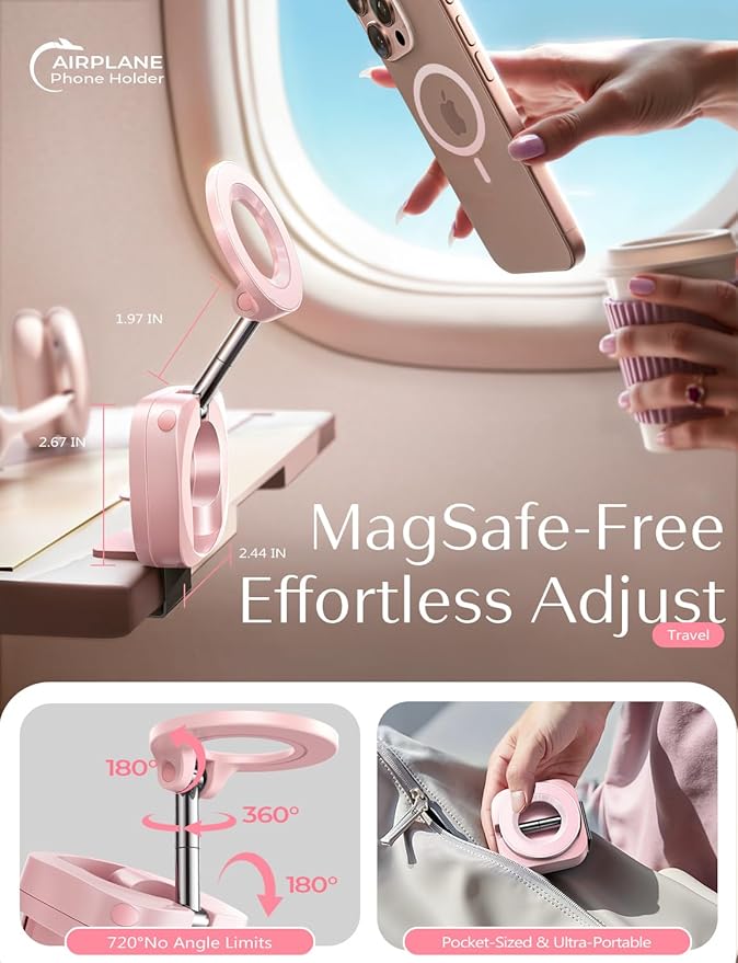 LISEN Airplane Phone Holder Travel Essentials for Women Long Flight Essentials Must Haves Handsfree for MagSafe Phone Stand Beach Vacation Cruise Essentials 2025 for iPhone 16 Pink